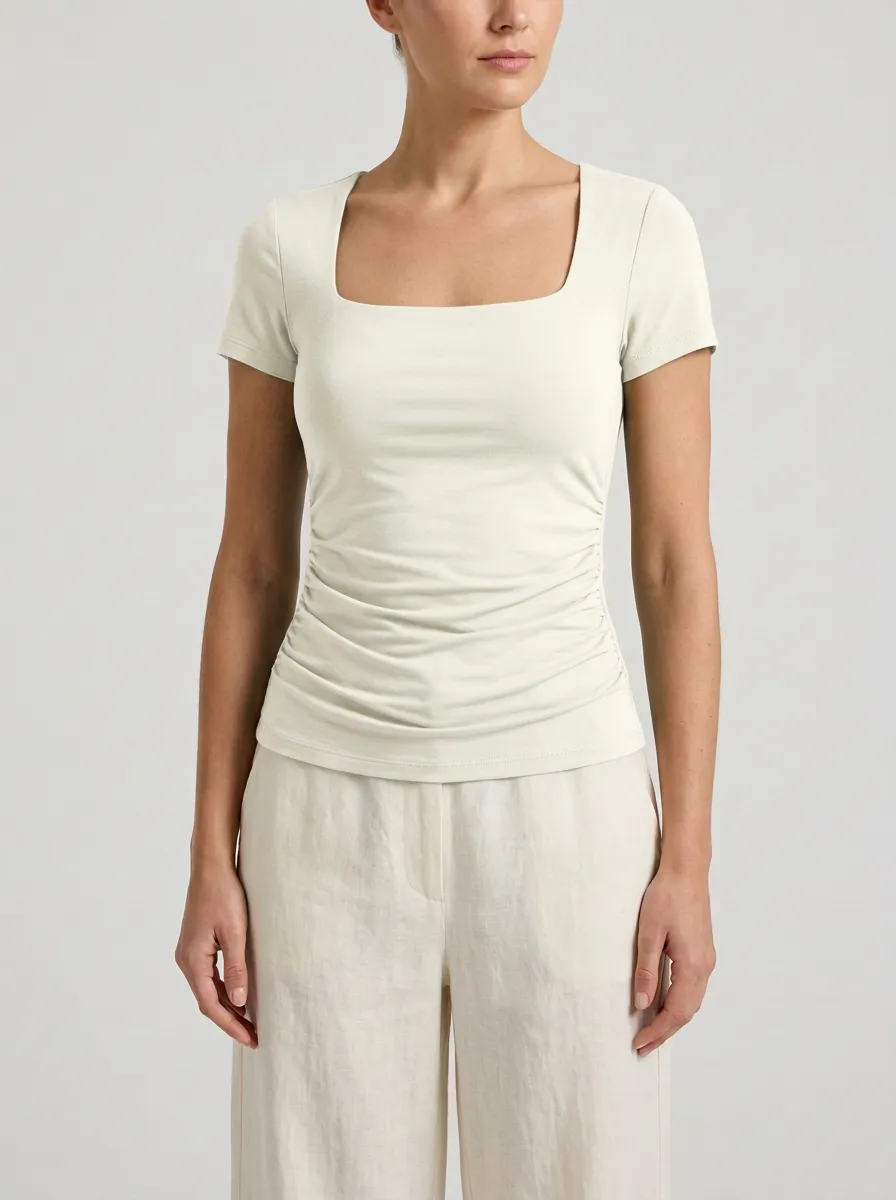 Square-Neck Side-Ruched Ruched Fitted Top