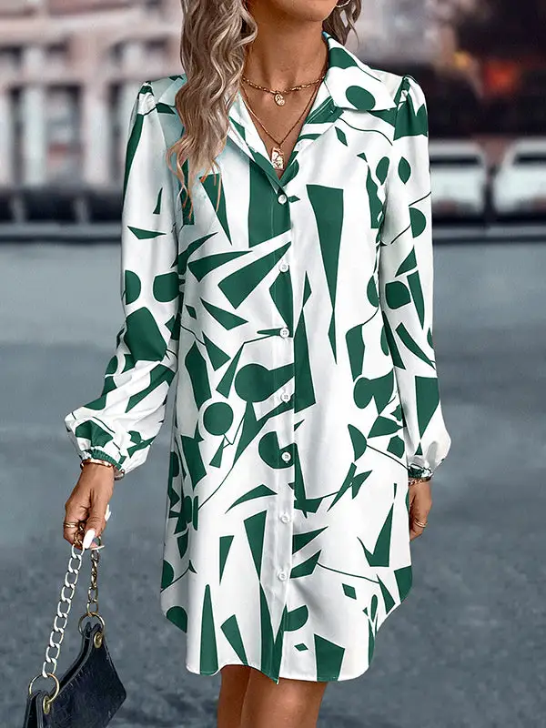 Relaxed Puff Sleeve Printed Split Joint Lapel Mini Dress Shirt Dress
