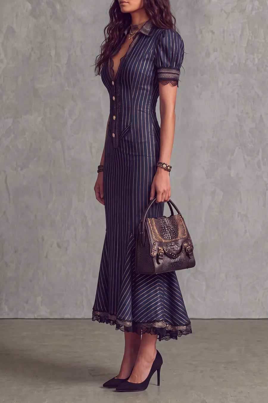 Puff Sleeve Striped Midi Dress