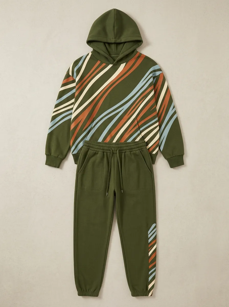 Men's Abstract Stripe Printed Hoodie Sweatsuit Set