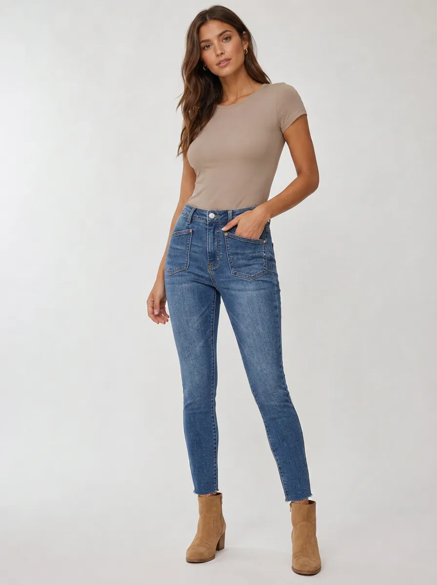 Women's High-Waisted Front Pocket Raw Hem Printed Jeans