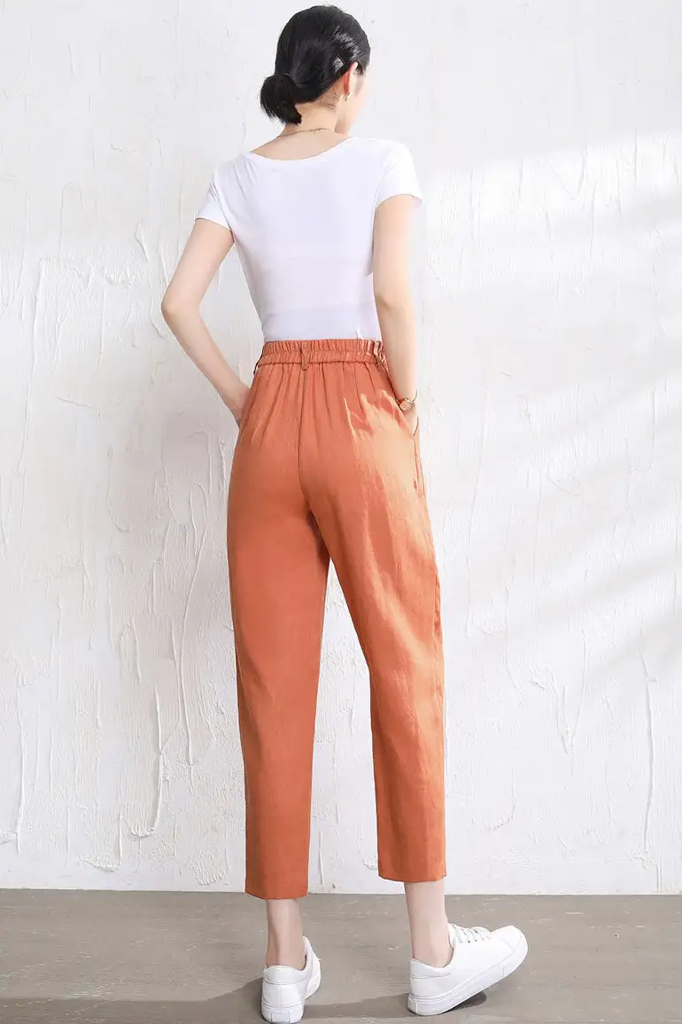 Refined Linen Elastic Waist Pleated Trousers