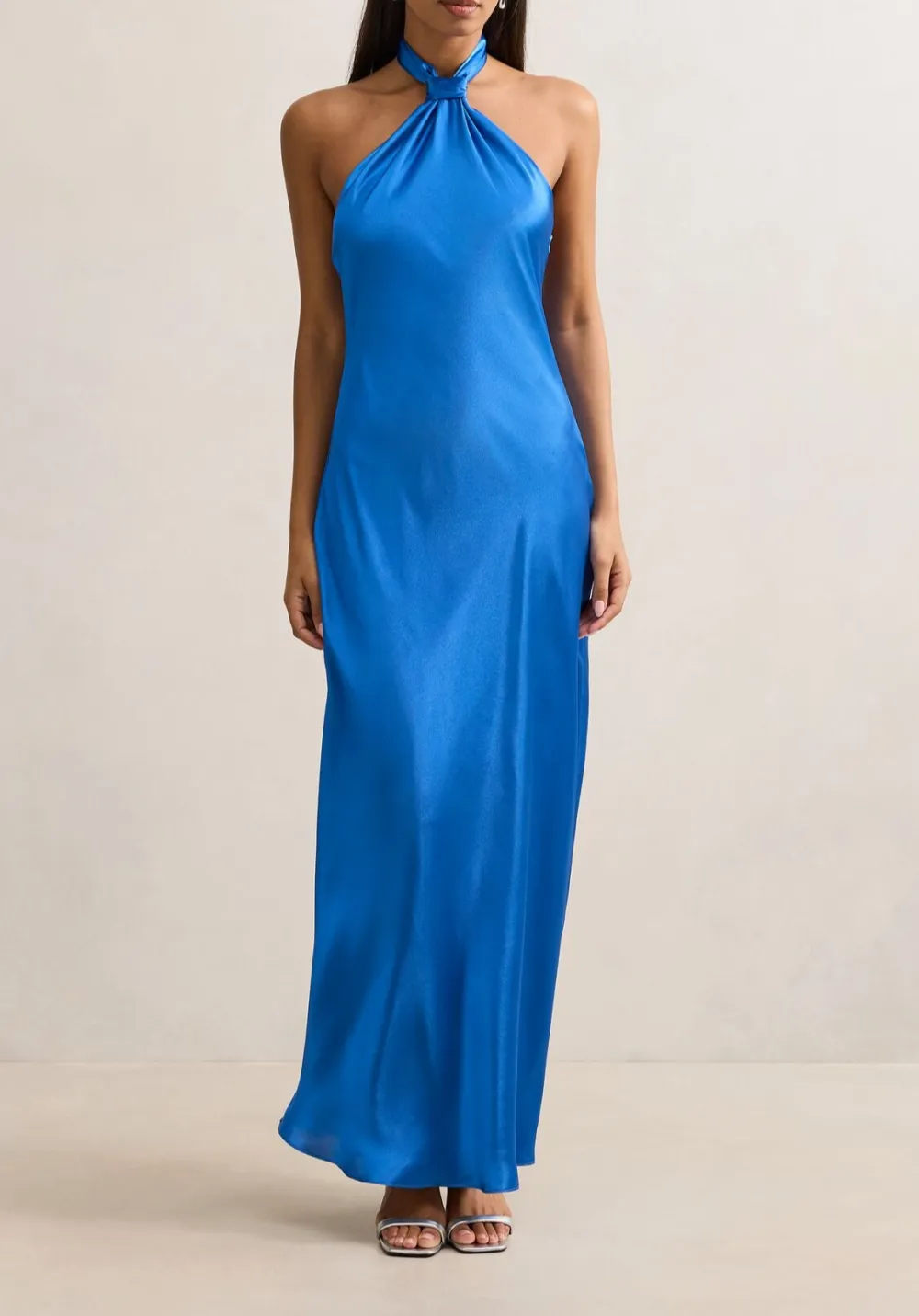 Bright Blue Halter Neck Sleeveless Satin Maxi Dress