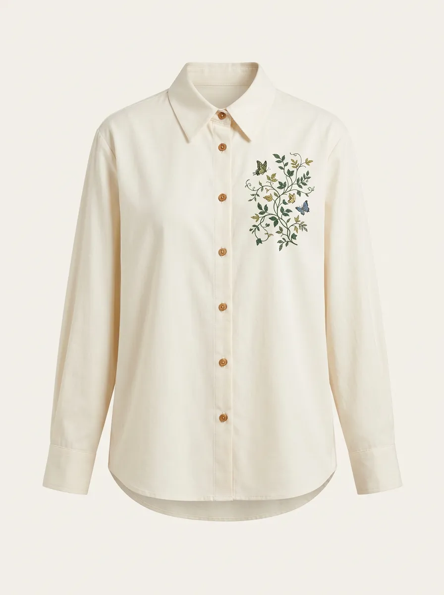 Women's Button-Front Embroidered Floral Shirt