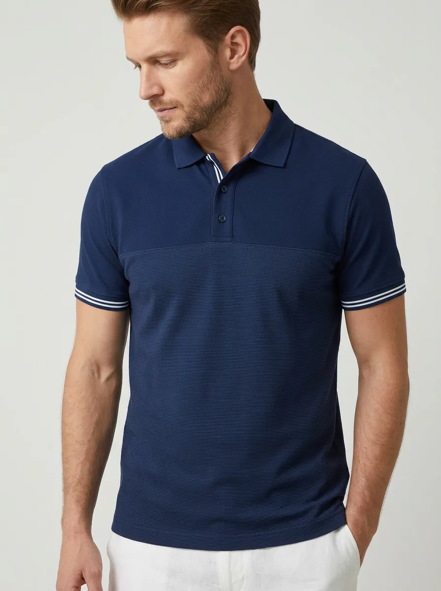 Men's Navy Blue Striped Texture Contrast Trim Polo Shirt
