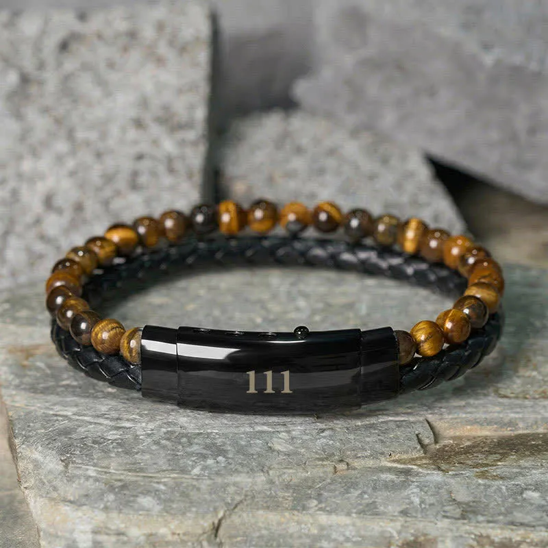 Tiger Eye Angel Numbers Double Wrap Leather Bracelet