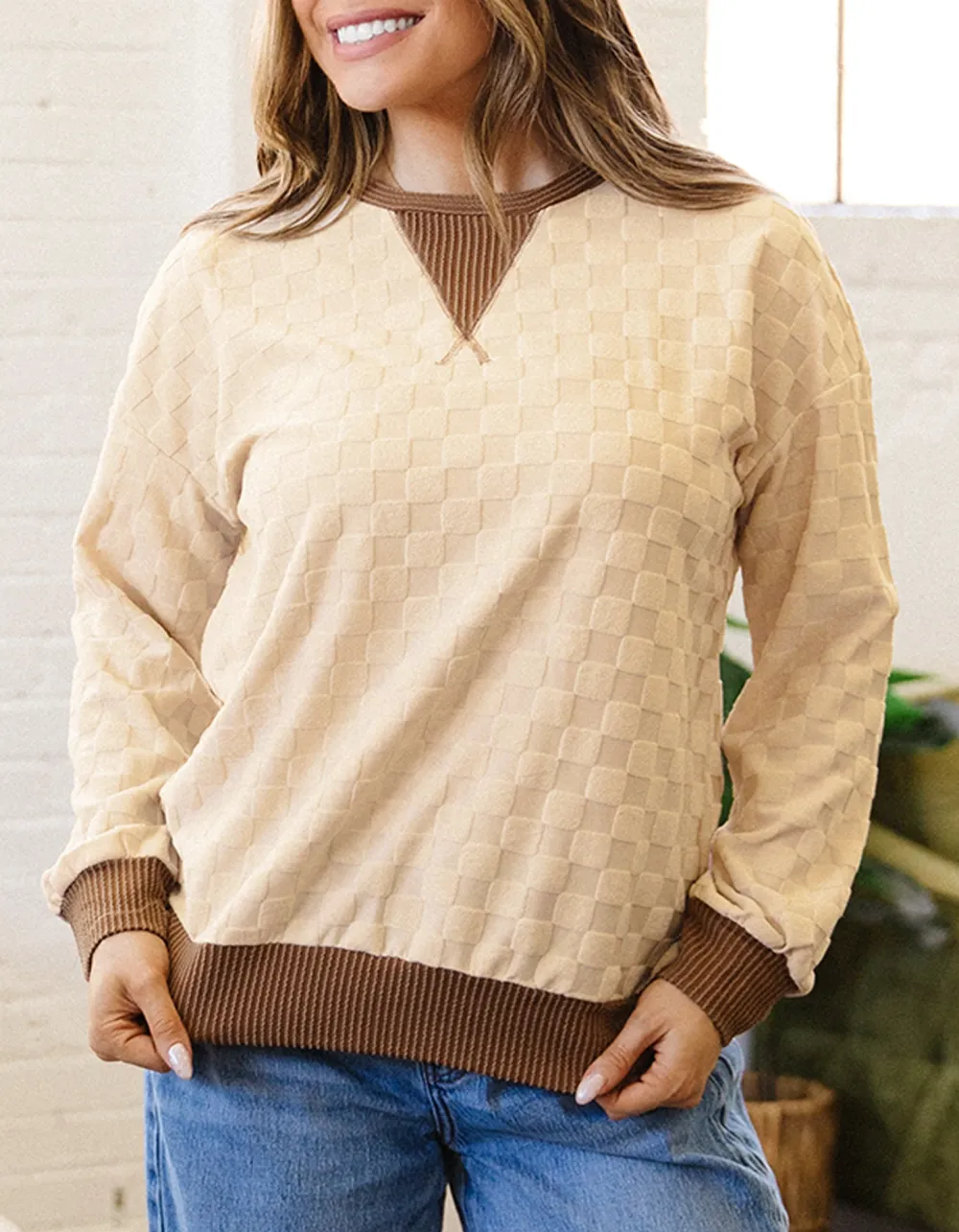 Women's Checkered Ribbed Long Sleeve Top