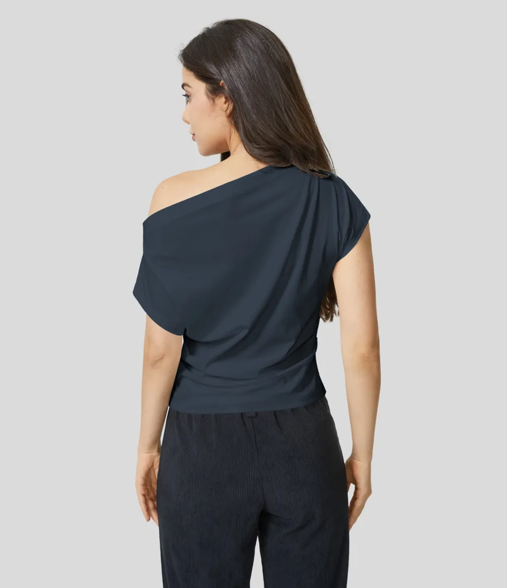 Off Shoulder Short Sleeve Ruched Casual Cotton Top