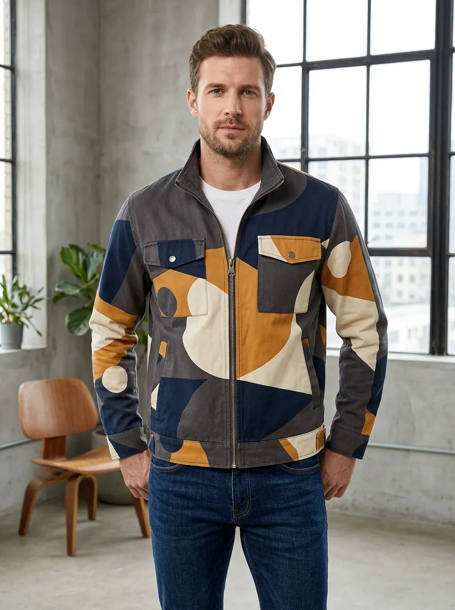 Men's Geometric Abstract Zip up Rugged Horizon Jacket