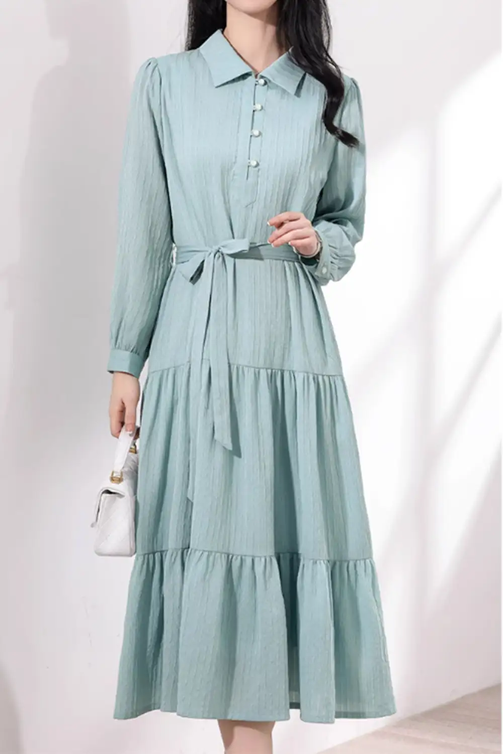 Polyester Shirt Tiered Lapel Collar Long Sleeve Midi Dress