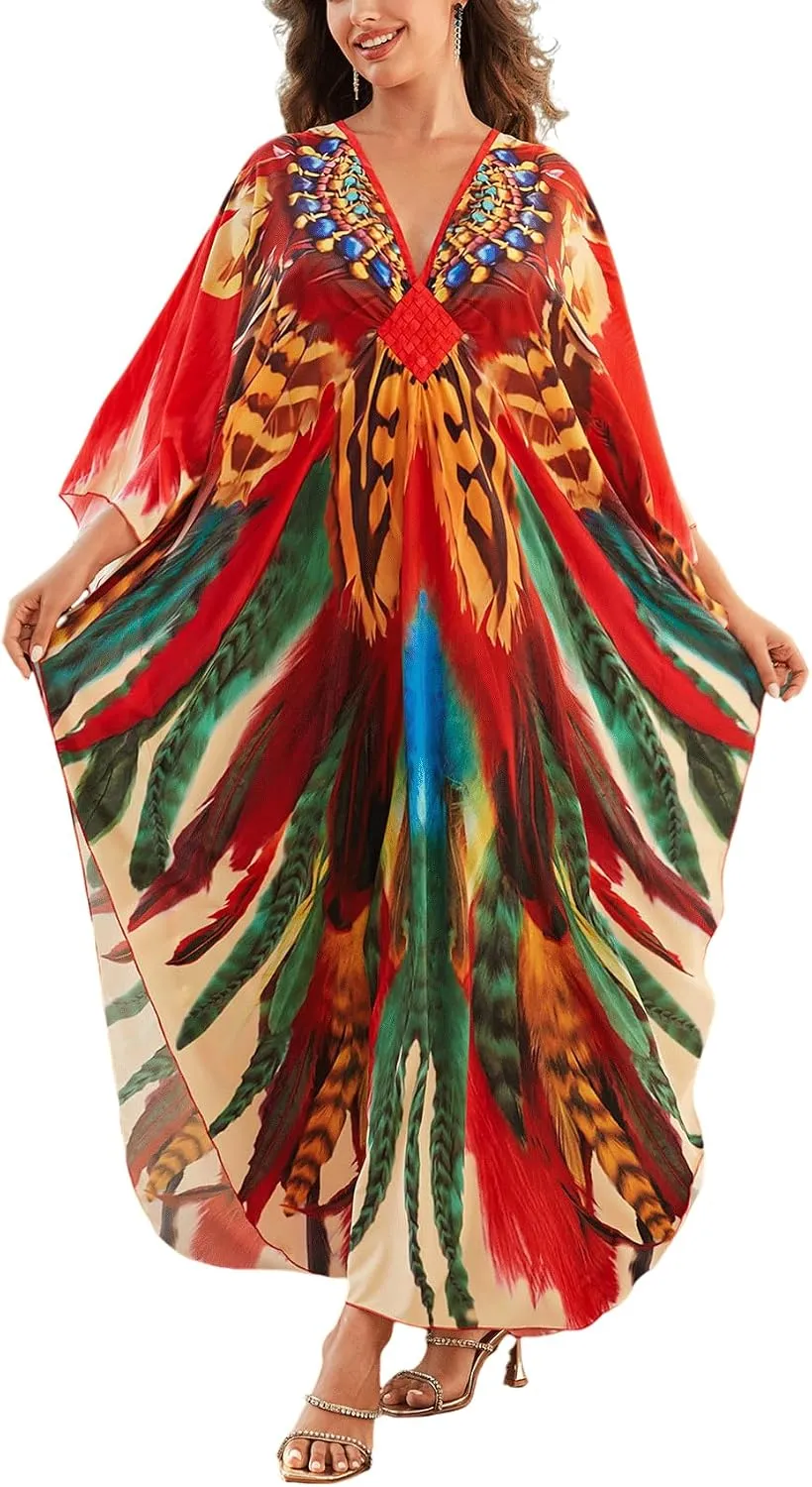 KECVOT Kaftan Dresses for Women Plus Size Batwing Sleeve Caftans Long Bathing Suit Cover Up Maxi Beach Dress Loungewear