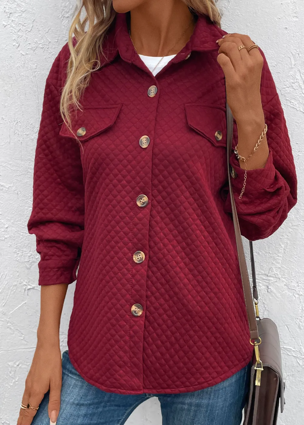 Wine Red Pocket Long Sleeve Turn Down Collar Coat