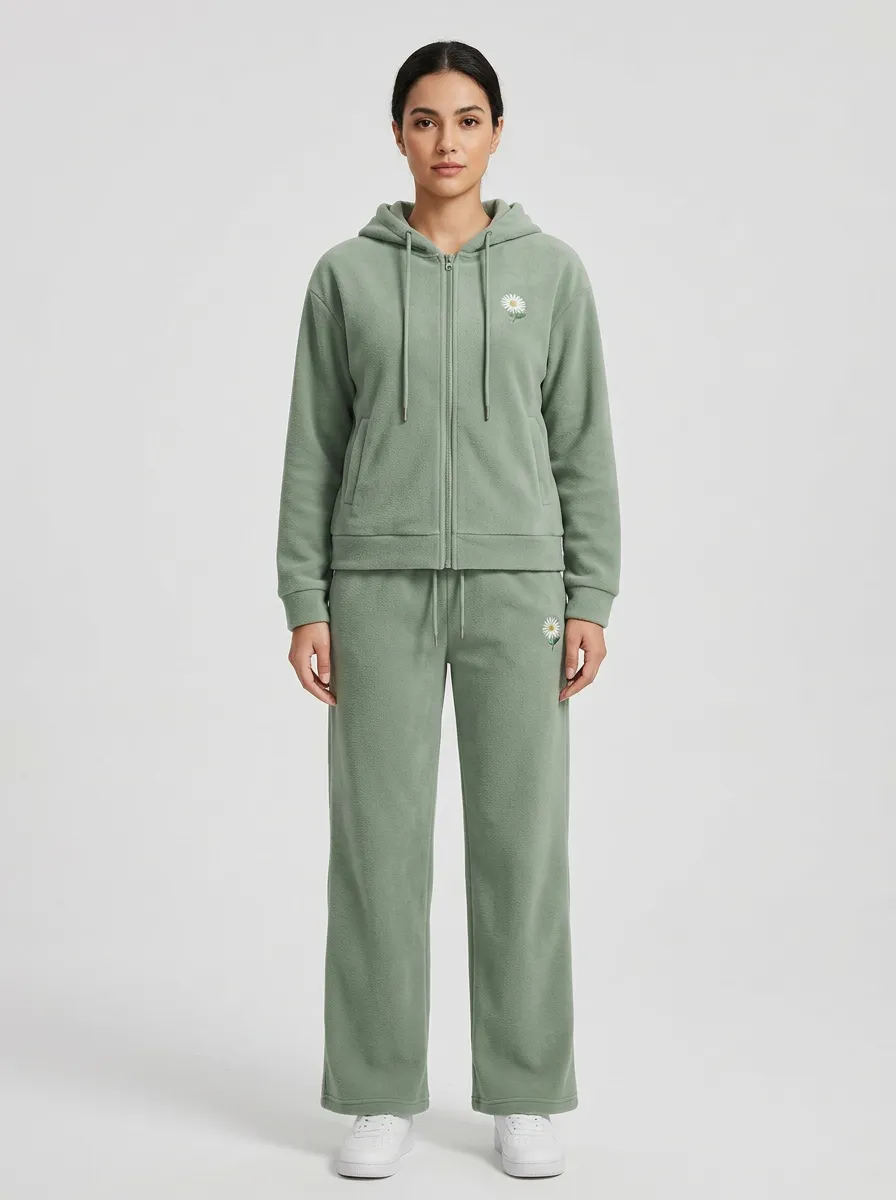 Women's Embroidered Daisy Zip-Up Hoodie And Lounge Pants Set