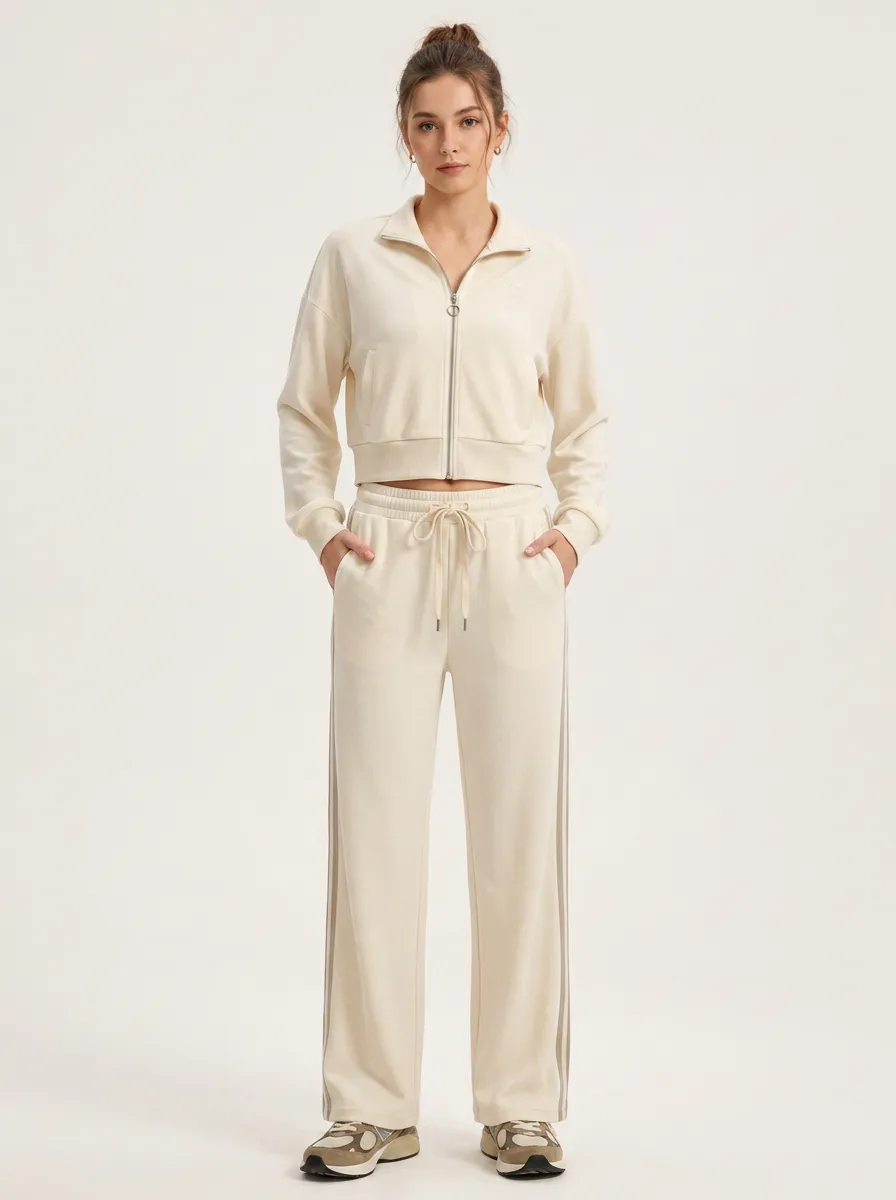 Women's Casual Sporty Beige Zip-up Crop Jacket and Wide Leg Tracksuit Set