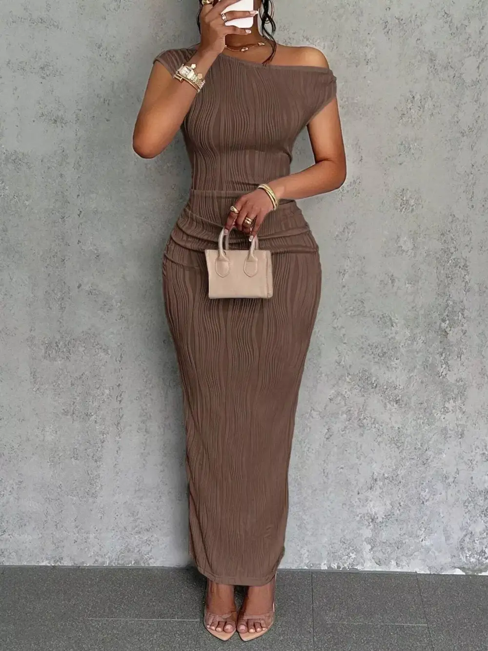 One Shoulder Textured Maxi Dress