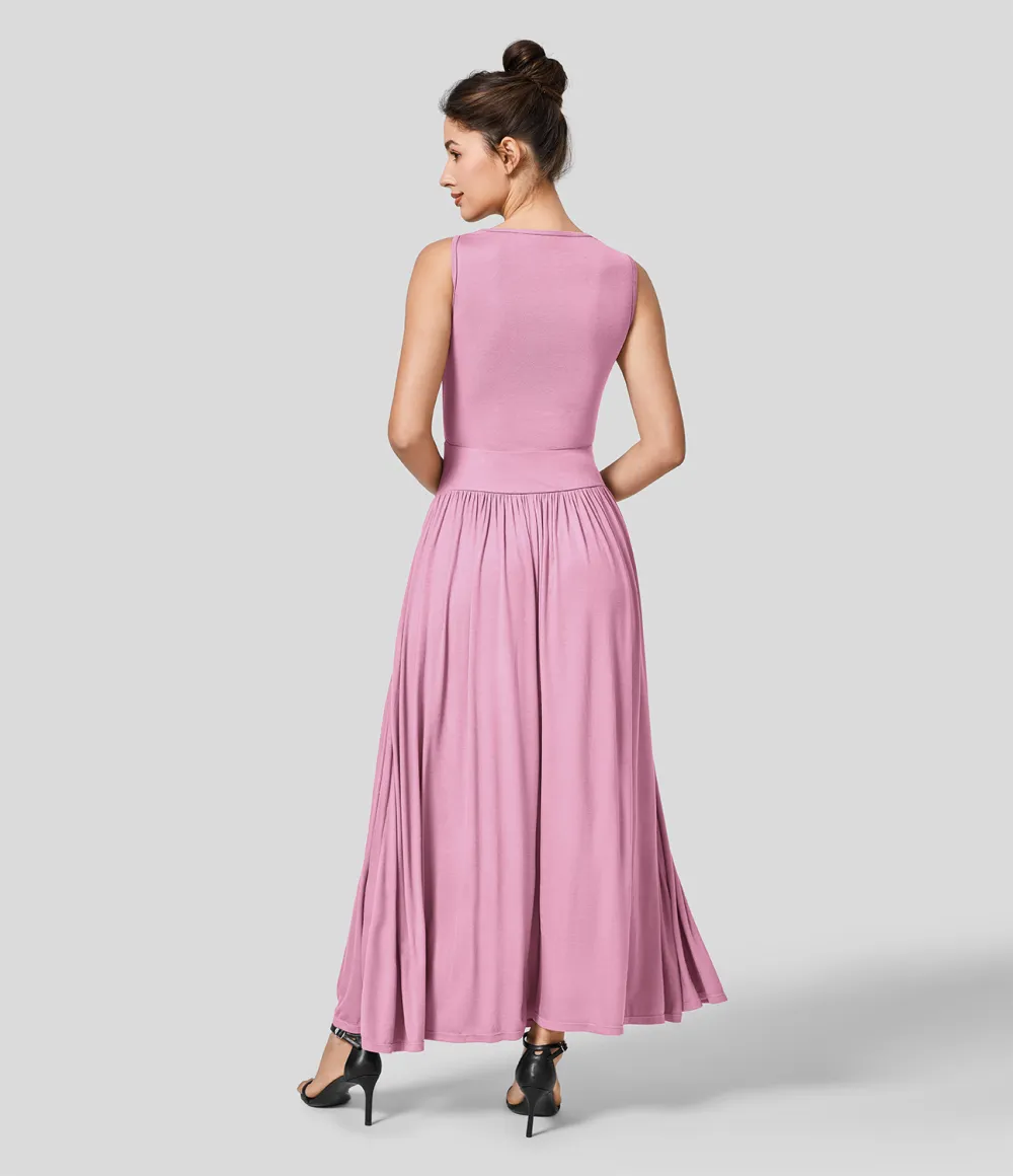 Ribbed Boat Neck Ruched Side Pocket Flowy Maxi Casual Dress