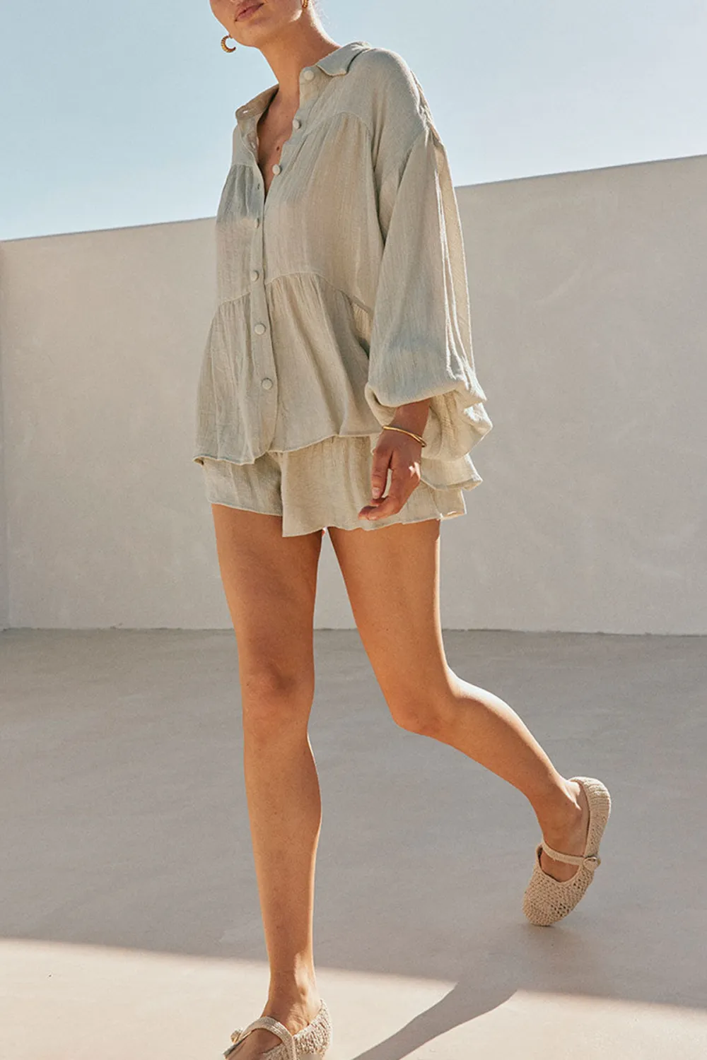 Loose Fit Ruffled Button Up Shirt