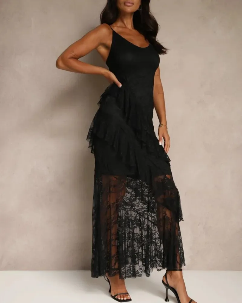 Ruffled Lace Trim Maxi Dress