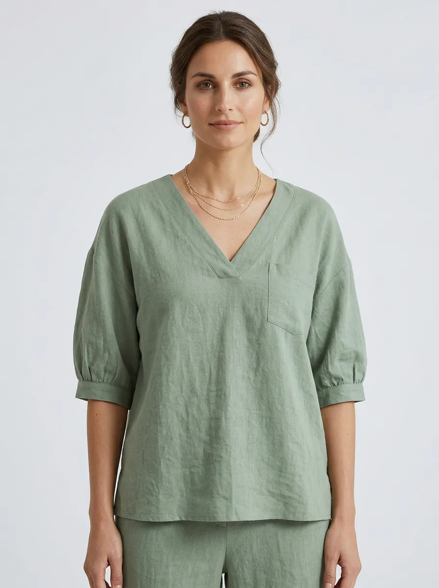 Pocket Short-Sleeve Relaxed Women's V-Neck Casual Lounge Set