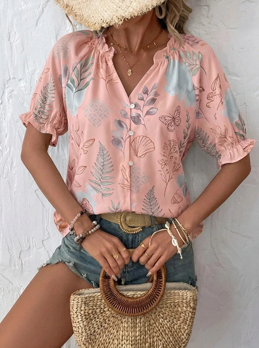 Women's Botanical Butterfly Shell Printed V-Neck Blouse