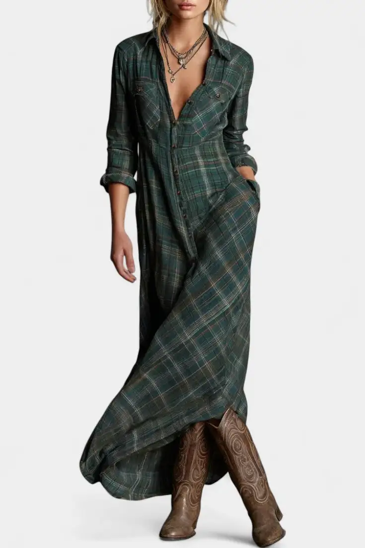 Shirt-Style Plaid Maxi Dress