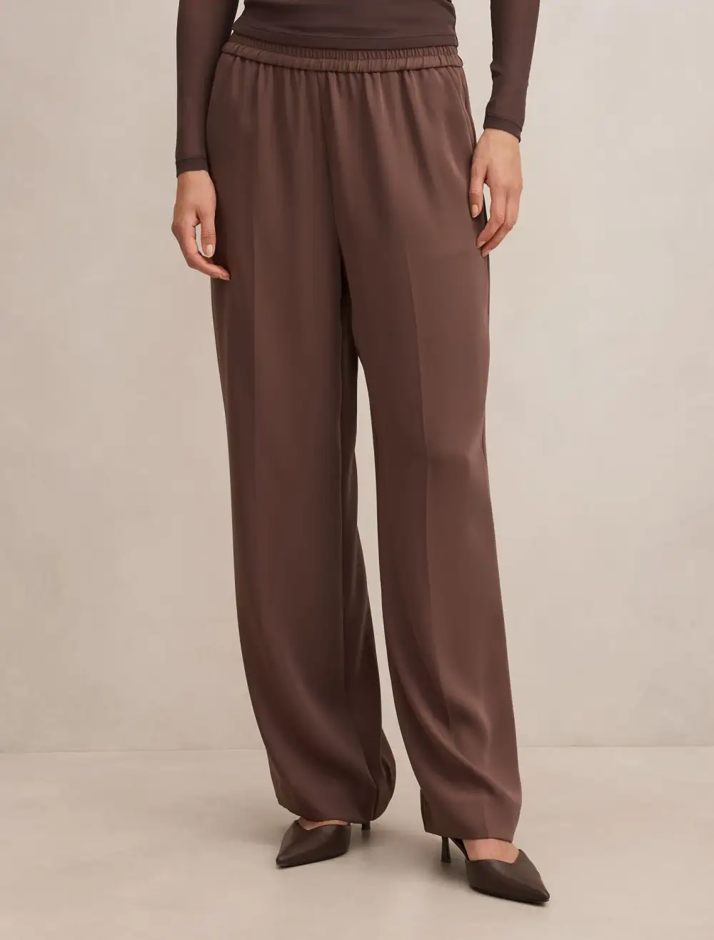 Dusty Brown Elastic Waist Wide Leg Pants