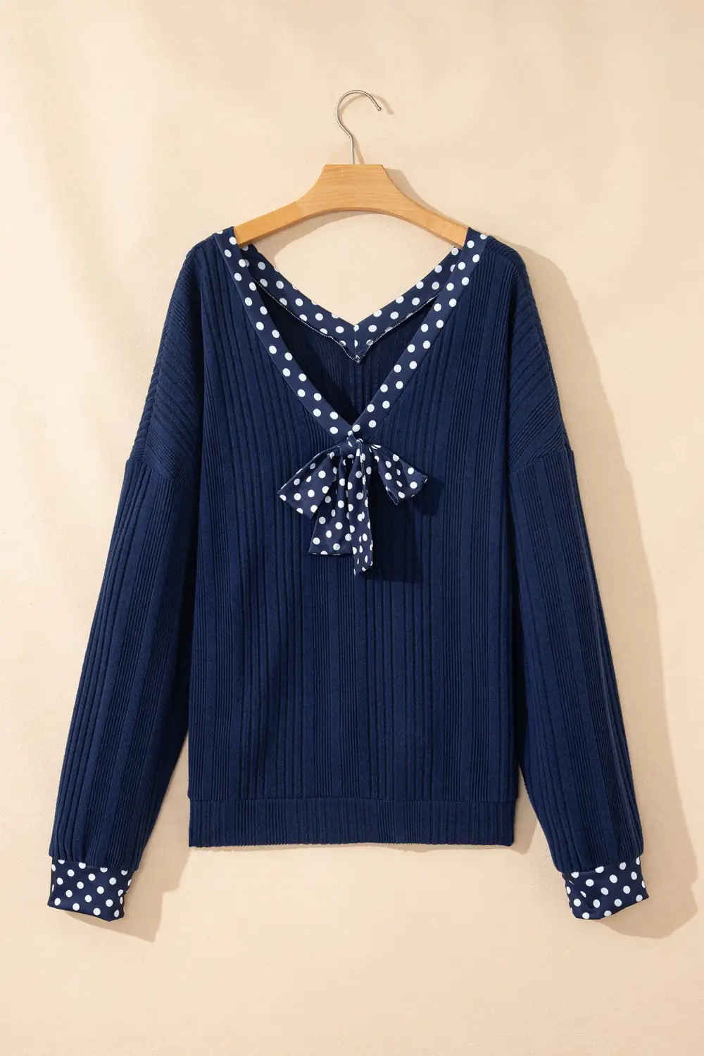 Polka Dot Deep V Neck Ribbed Relaxed Stretch Fabric Long Sleeve Top