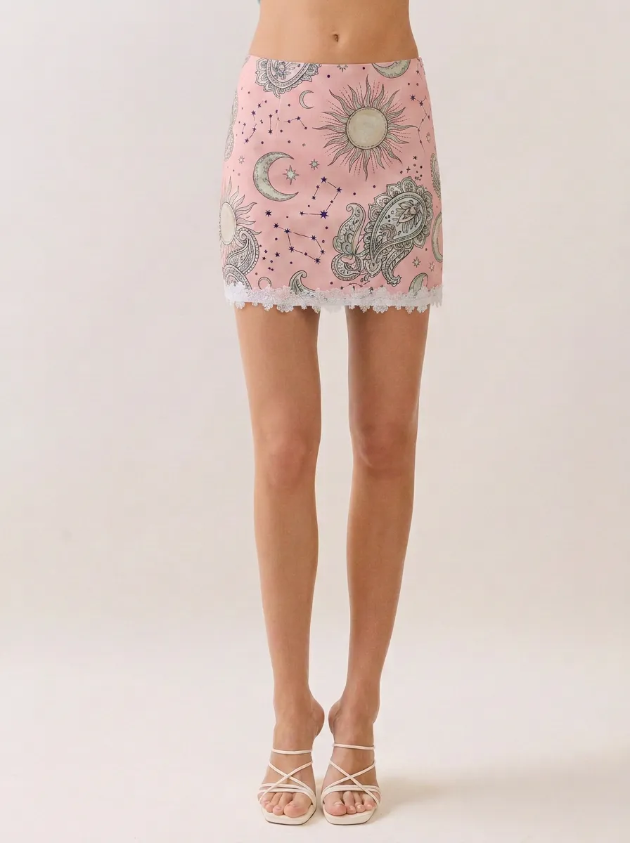 Women's Celestial Boho Sun Moon Paisley Printed Lace Trim Mini Skirt