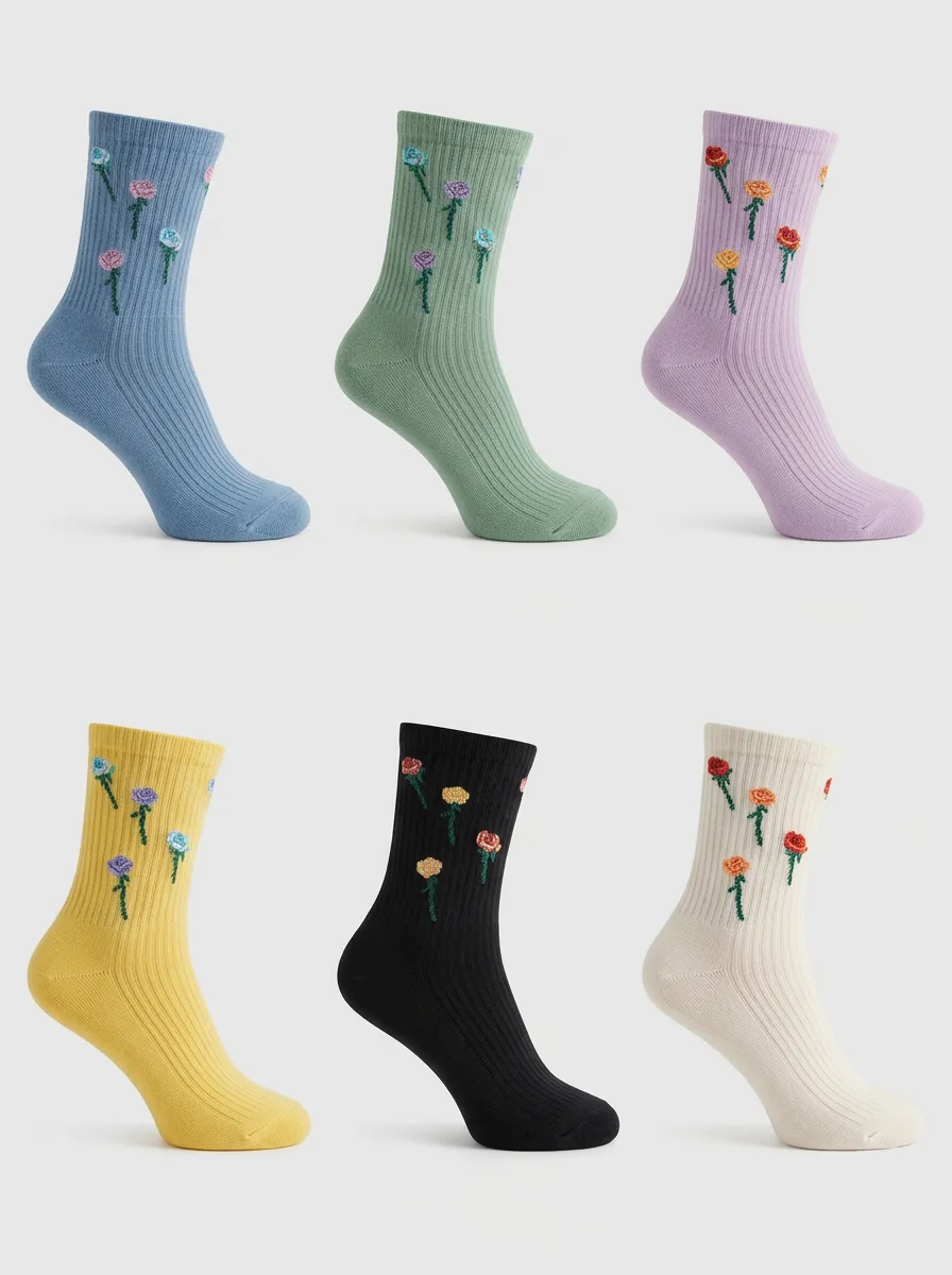 Women's Floral Rose Embroidered Printed Socks 6-Pack