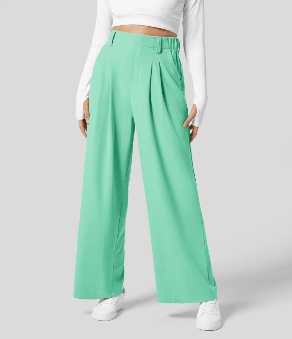 2026🔥  High Waisted Plicated Side Pocket Wide Leg Waffle Work Pants