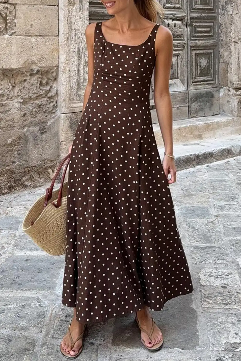 Classic Polka Dot Print Square Neck Sleeveless Vacation Long Dress