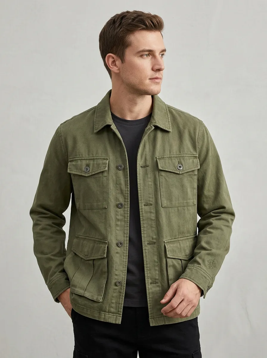 Men's Military Style Compass Embroidered Olive Green Field Jacket