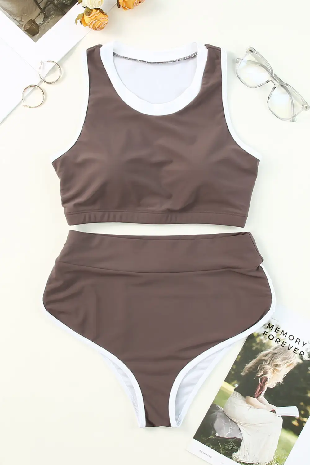 Swimwear Solid Colorblock Round Neck Bodycom Active Bikinis