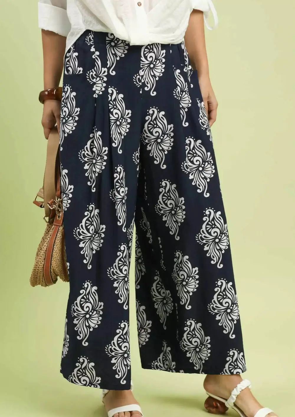 Wide Leg Printed Drawstring Elastic Waist Pants