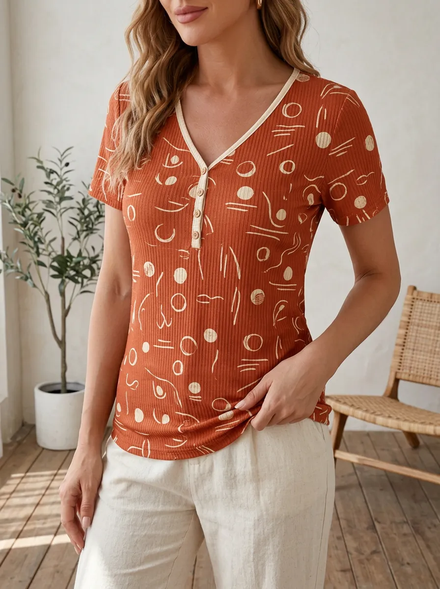 Women's Abstract Geometric Print Ribbed Button Top V-Neck Button T-Shirt
