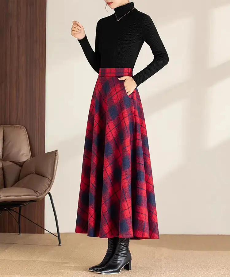 Plaid Wool A Line Maxi Skirt