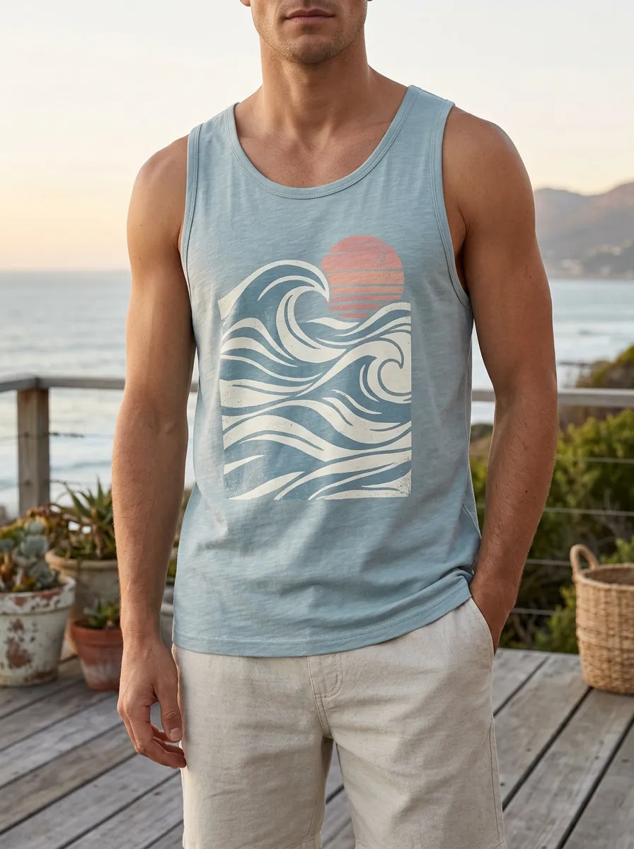 Men's Beach Surfer Ocean Wave Sunset Tank Top