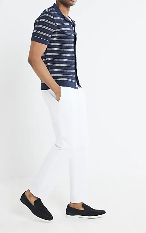 Fashion Casual Navy Blue Striped Texture Men's Short Sleeve Shirt