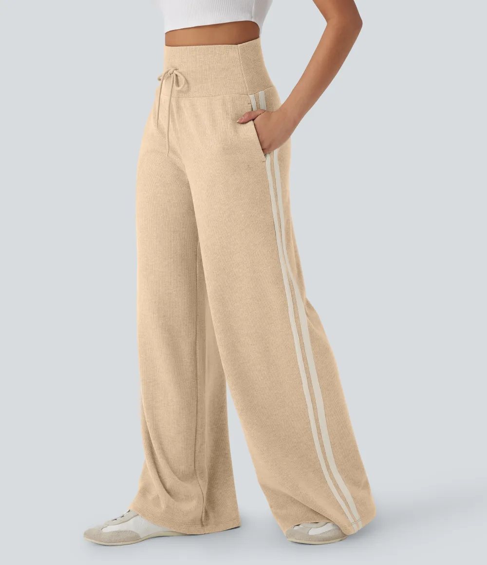 2026🔥  Ribbed SoCinched High Waisted Tummy Control Drawstring Wide Leg Color Block Casual Trousers with Pockets