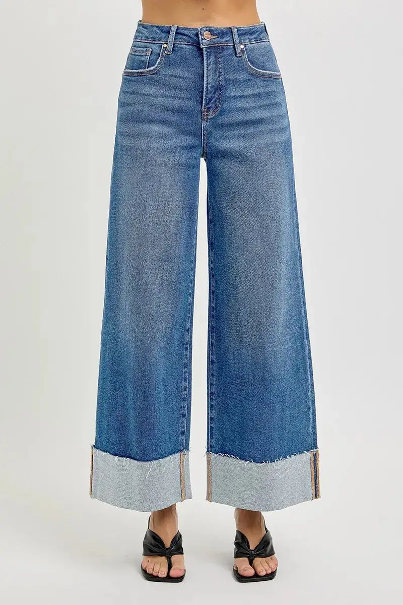 Relaxed High Waist Wide Leg Cuffed Denim Jeans