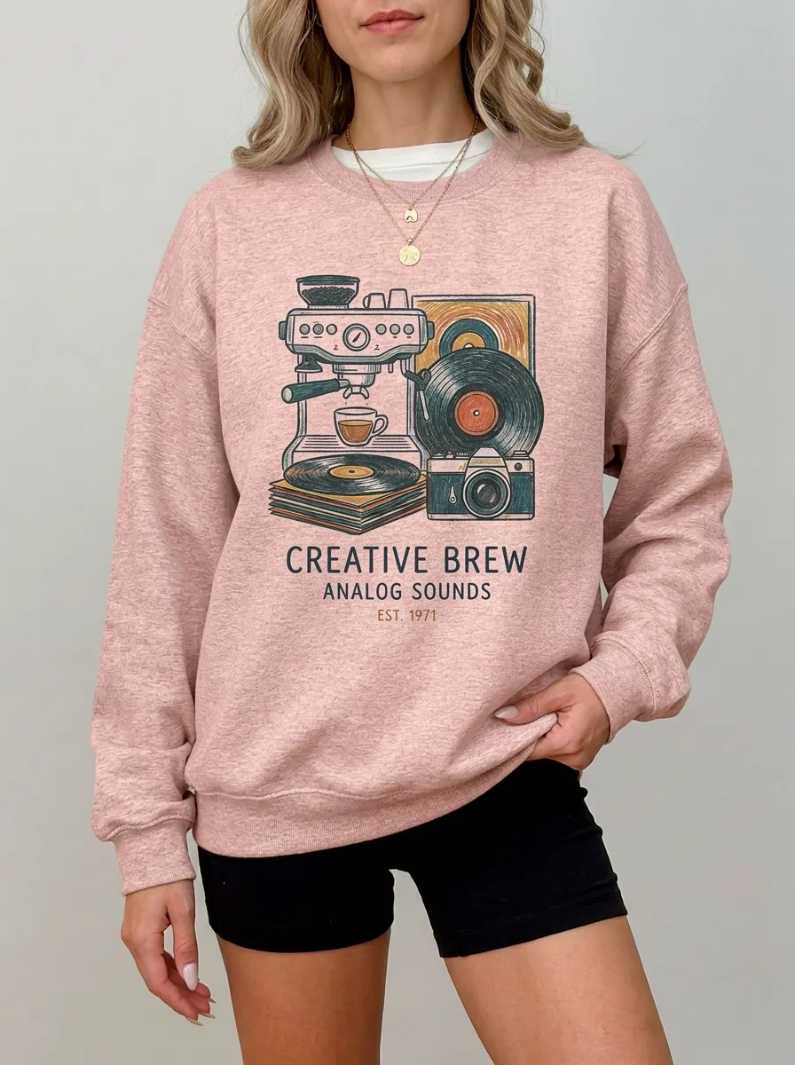 Women's Coffee Vinyl Record Camera Creative Brew Graphic Sweatshirt