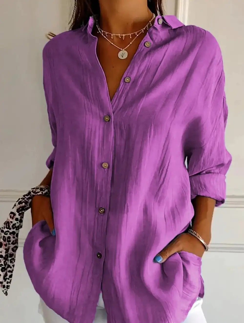 Button Detail Pleated Button-Up Shirt