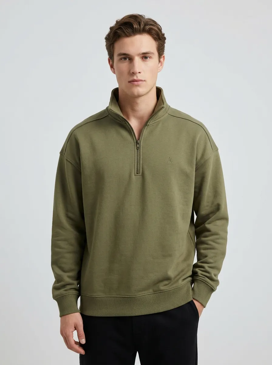 Men's Everyday Minimalist Textured Embroidered Emblem Quarter-Zip Sweatshirt