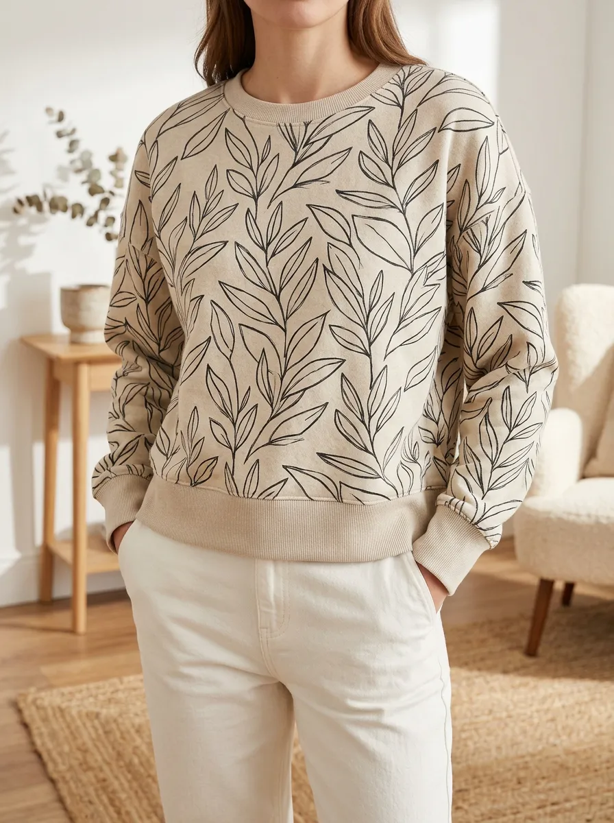 Women's Leaf Print Crewneck Sweatshirt Fleece Ribbed Trim
