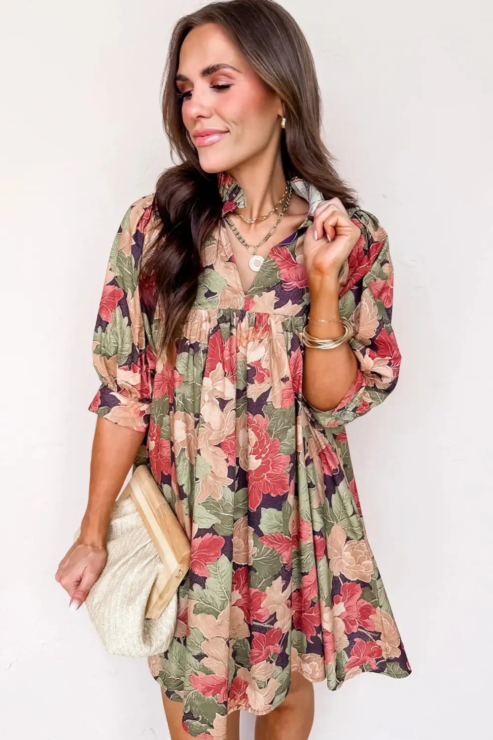 Drape Floral Printed V Neck Mini Dress