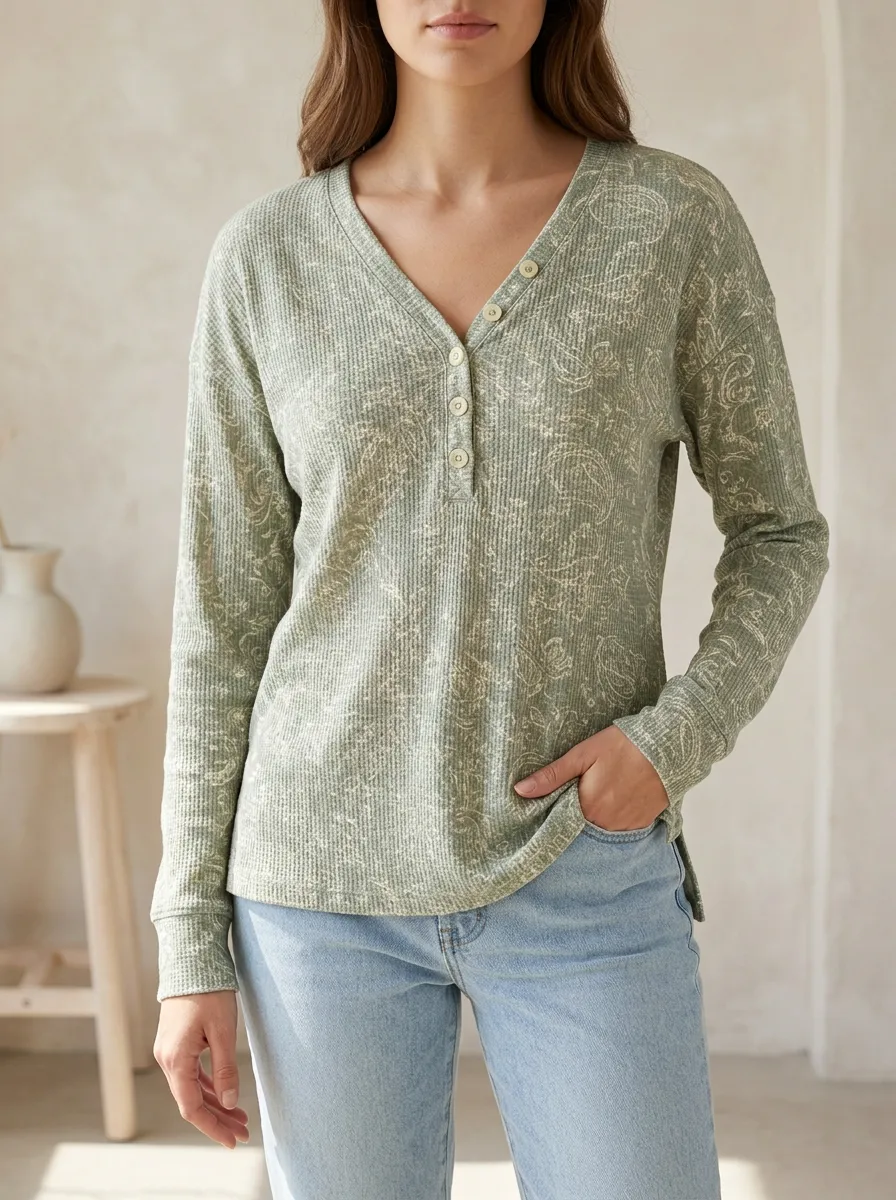 Women's Boho Paisley Pattern Waffle Knit Printed Henley Shirt
