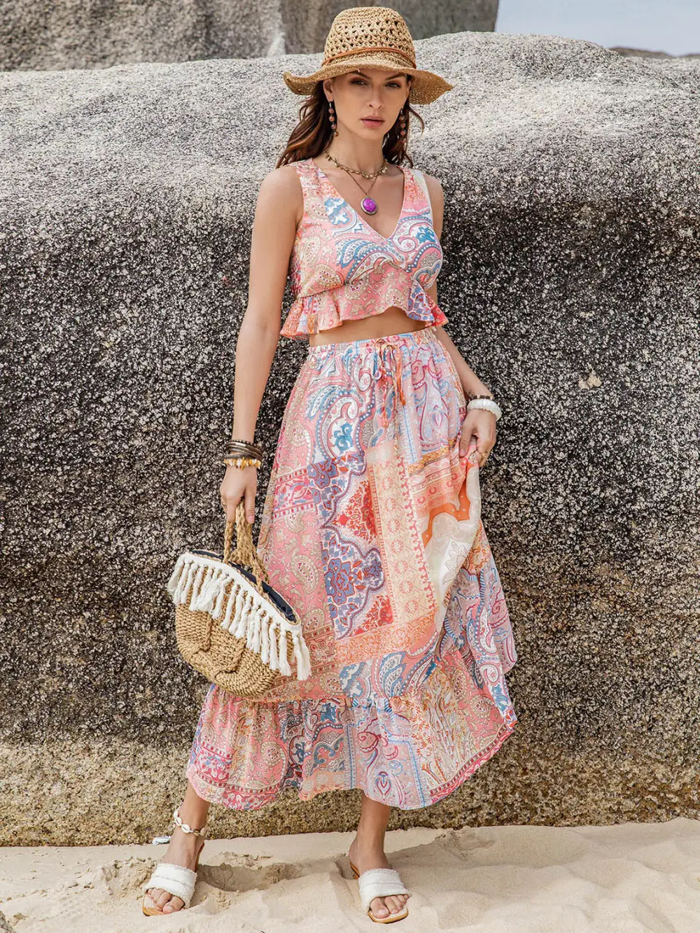 V Neck Ruffle Trim Coordinated Set