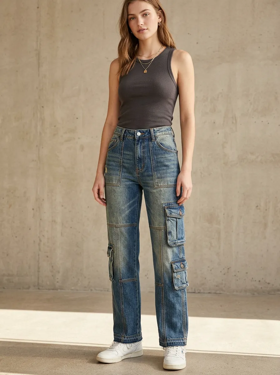 Women's Vintage Style High-Waisted Multi-Pocket Cargo Denim Jeans