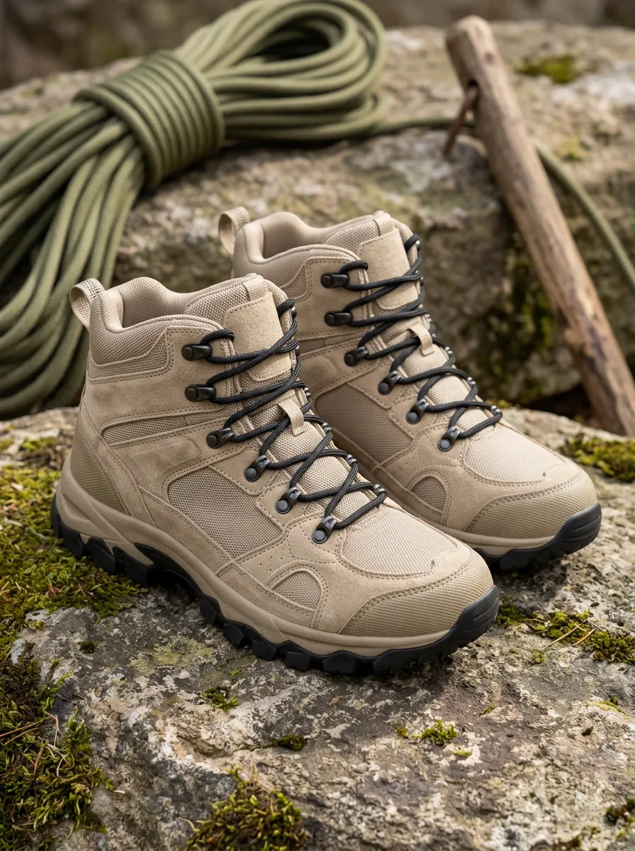 Unisex Classic Outdoor Hiking Enthusiast Khaki Suede Printed Boots