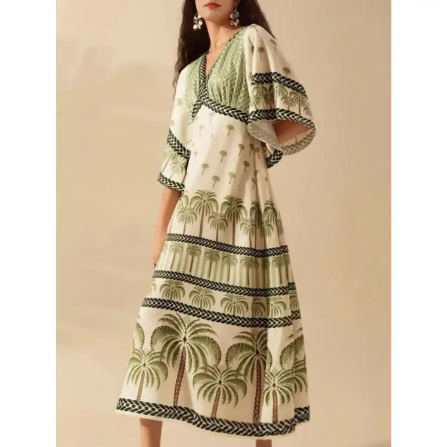 Palm Print V-neck Midi Dress